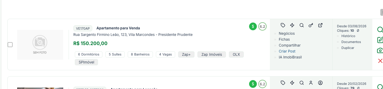 Linha de um imóvel na listagem, com os ícones de ação à direita, entre eles o de alterar