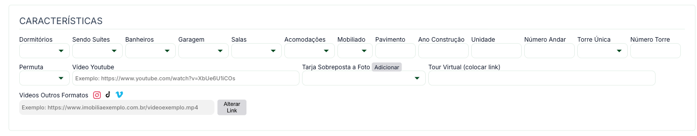 Faixa Características do cadastro de imóvel, com dormitórios, banheiros, garagem, vídeo do YouTube e tour virtual