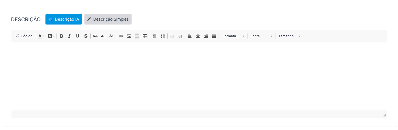 Faixa Descrição do cadastro de imóvel, com os botões Descrição IA e Descrição Simples sobre o editor de texto
