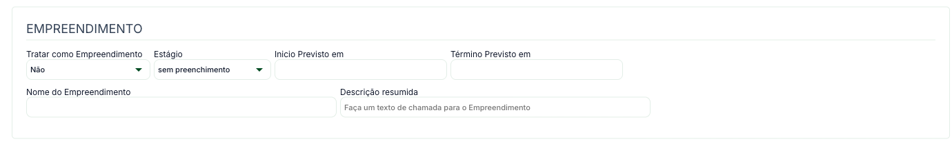 Faixa Empreendimento do cadastro de imóvel, com Tratar como Empreendimento, Estágio, datas previstas e nome do empreendimento