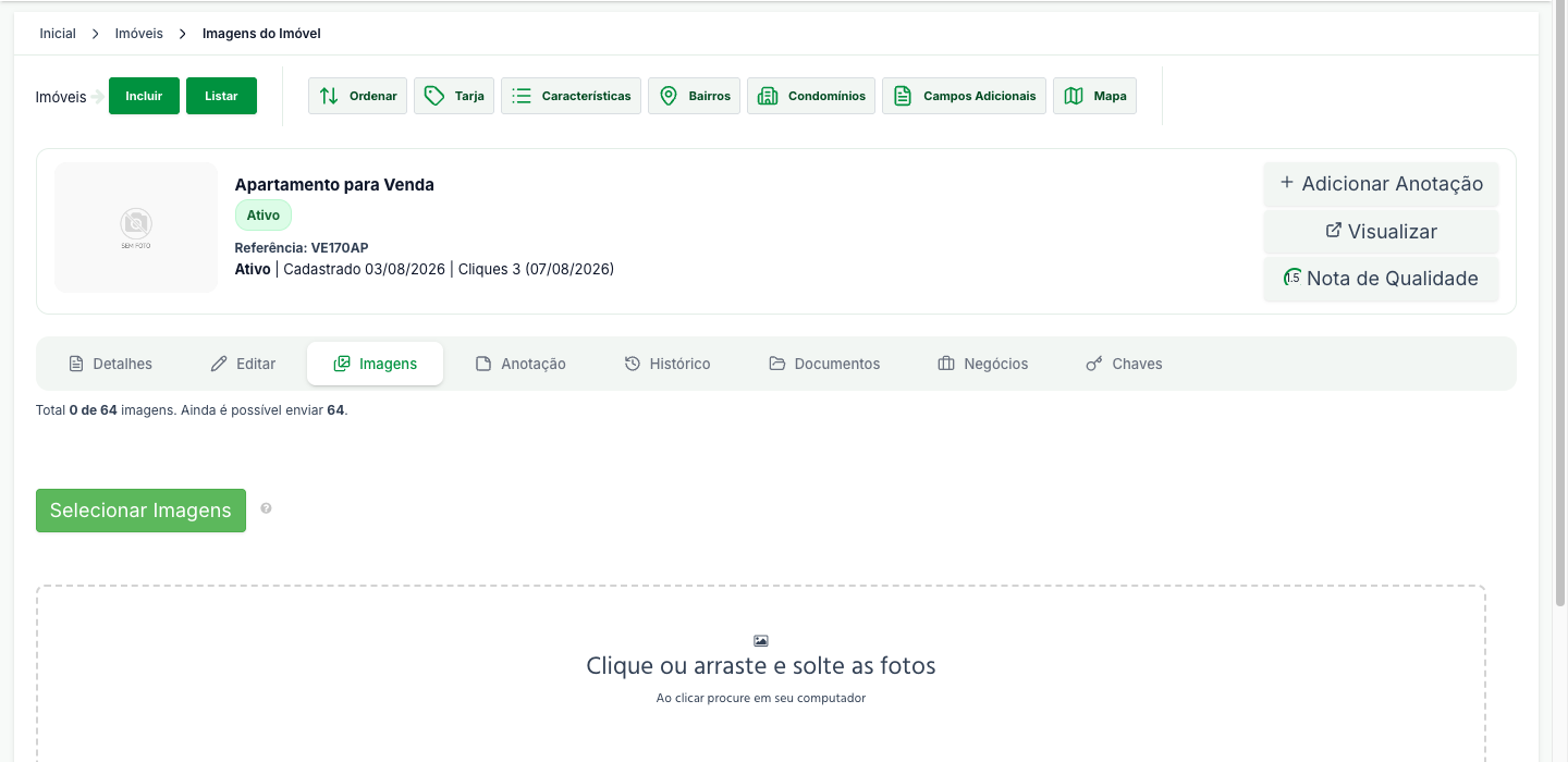 Aba Imagens do imóvel, com o contador de fotos e a área de arrastar e soltar