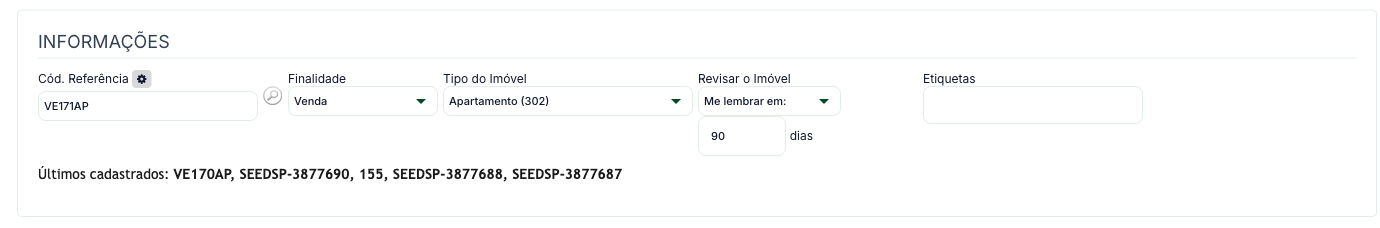 Faixa Informações do cadastro de imóvel, com Cód. Referência, Finalidade, Tipo do Imóvel, Revisar o Imóvel e Etiquetas