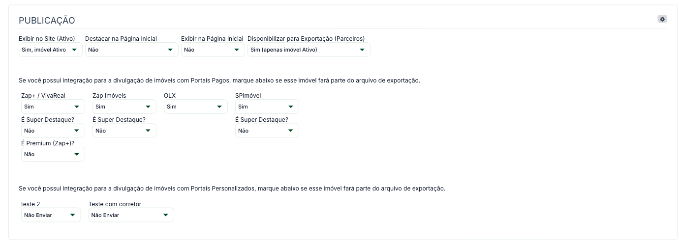 Faixa Publicação do cadastro de imóvel, com Exibir no Site, Destacar na Página Inicial e os portais de exportação