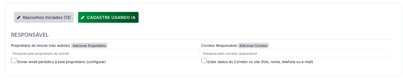 Faixa Responsável do cadastro de imóvel, com os campos Proprietário do Imóvel e Corretor Responsável
