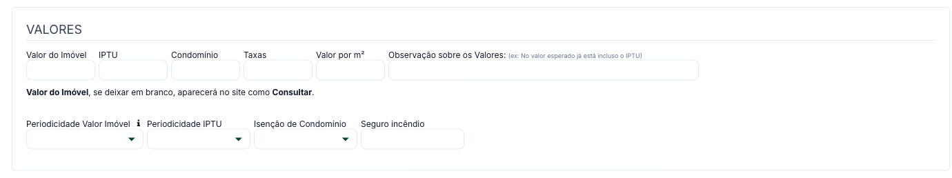 Faixa Valores do cadastro de imóvel, com Valor do Imóvel, IPTU, Condomínio, Taxas e periodicidade