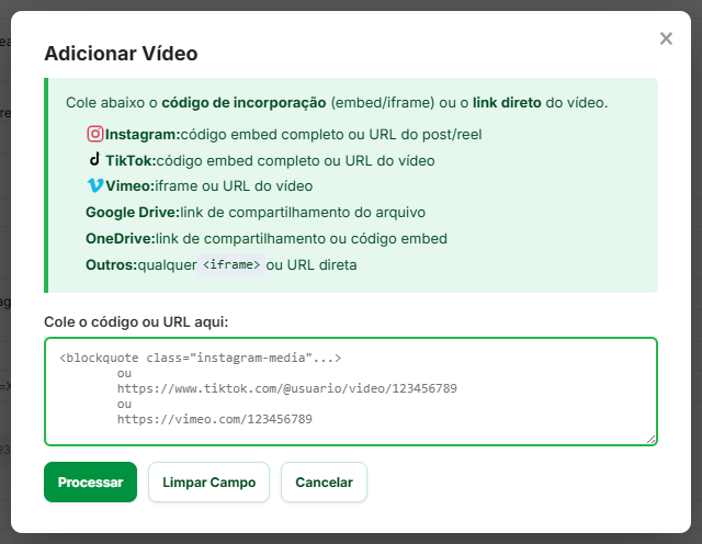 Janela Adicionar Vídeo, com a lista de serviços aceitos e o campo para colar o link