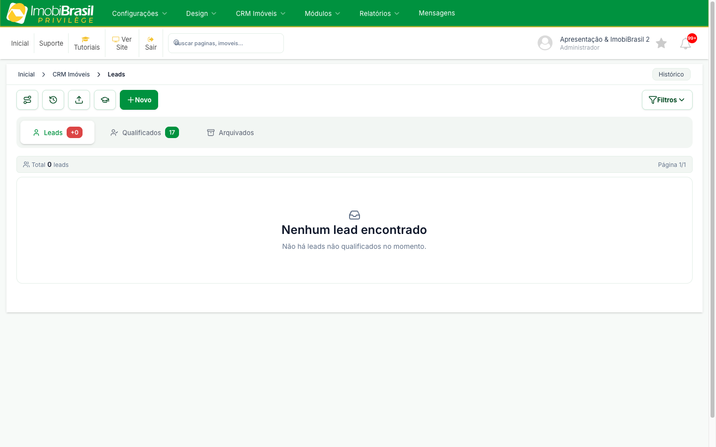 Tela de Leads com a barra de botões, as abas Leads, Qualificados e Arquivados e o estado sem leads não qualificados
