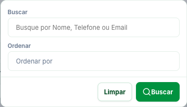 Painel de filtros da tela de Leads com os campos Buscar e Ordenar