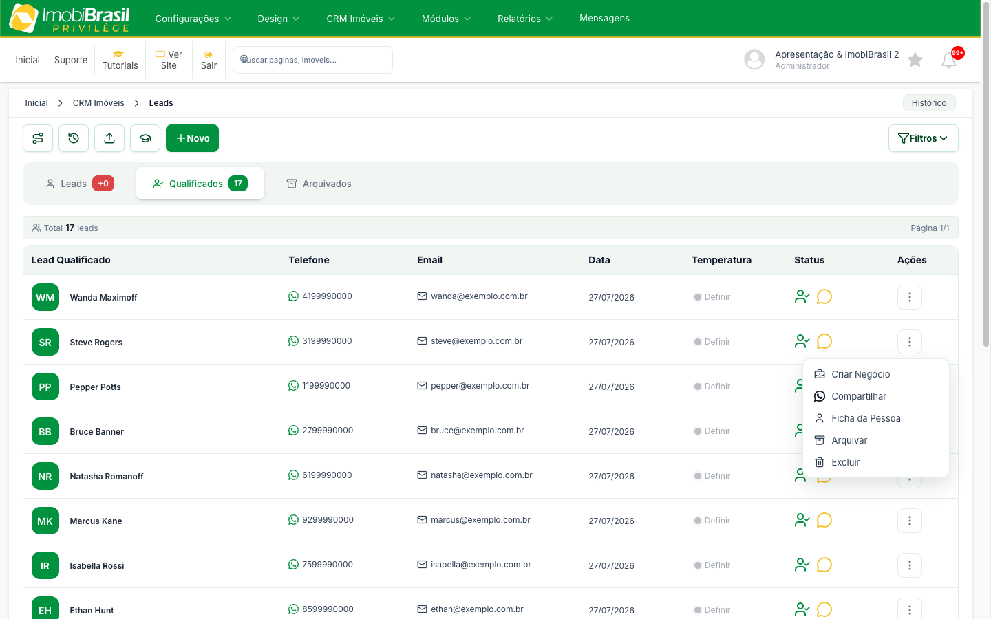 Menu de ações de um lead qualificado com Criar Negócio, Compartilhar, Ficha da Pessoa, Arquivar e Excluir