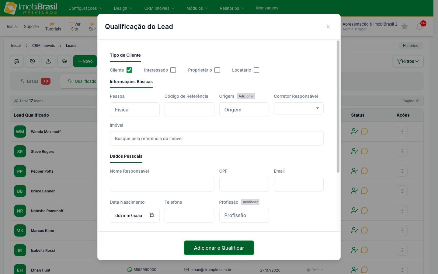 Formulário Qualificação do Lead com Tipo de Cliente, Informações Básicas e Dados Pessoais
