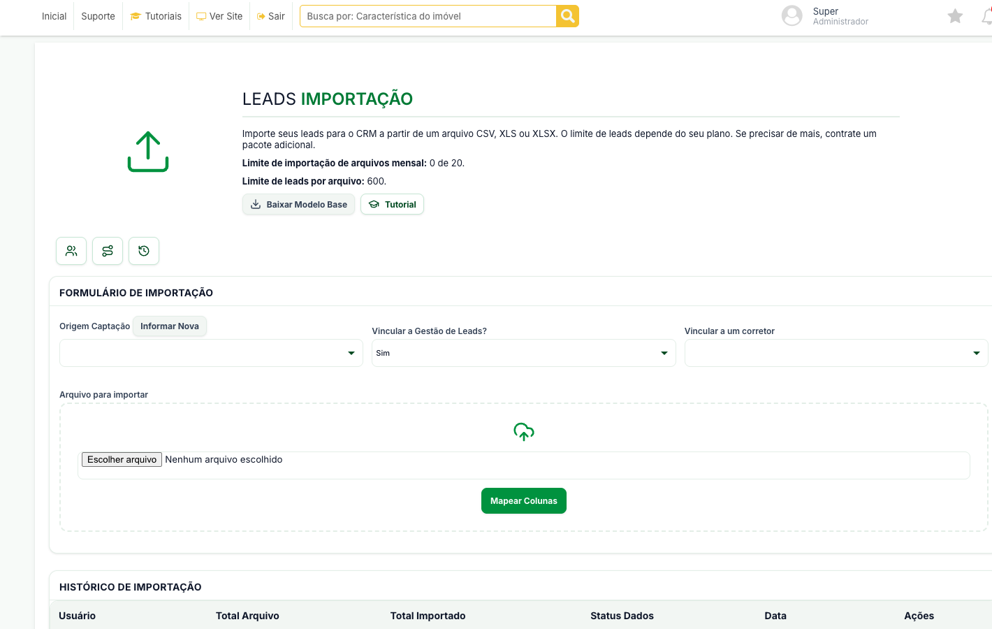 Tela Leads Importação, com o formulário de importação e o histórico de importações