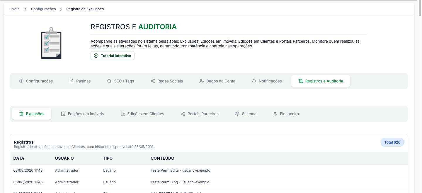 Aba Registros e Auditoria, com as sub-abas Exclusões, Edições em Imóveis, Edições em Clientes, Portais Parceiros, Sistema e Financeiro