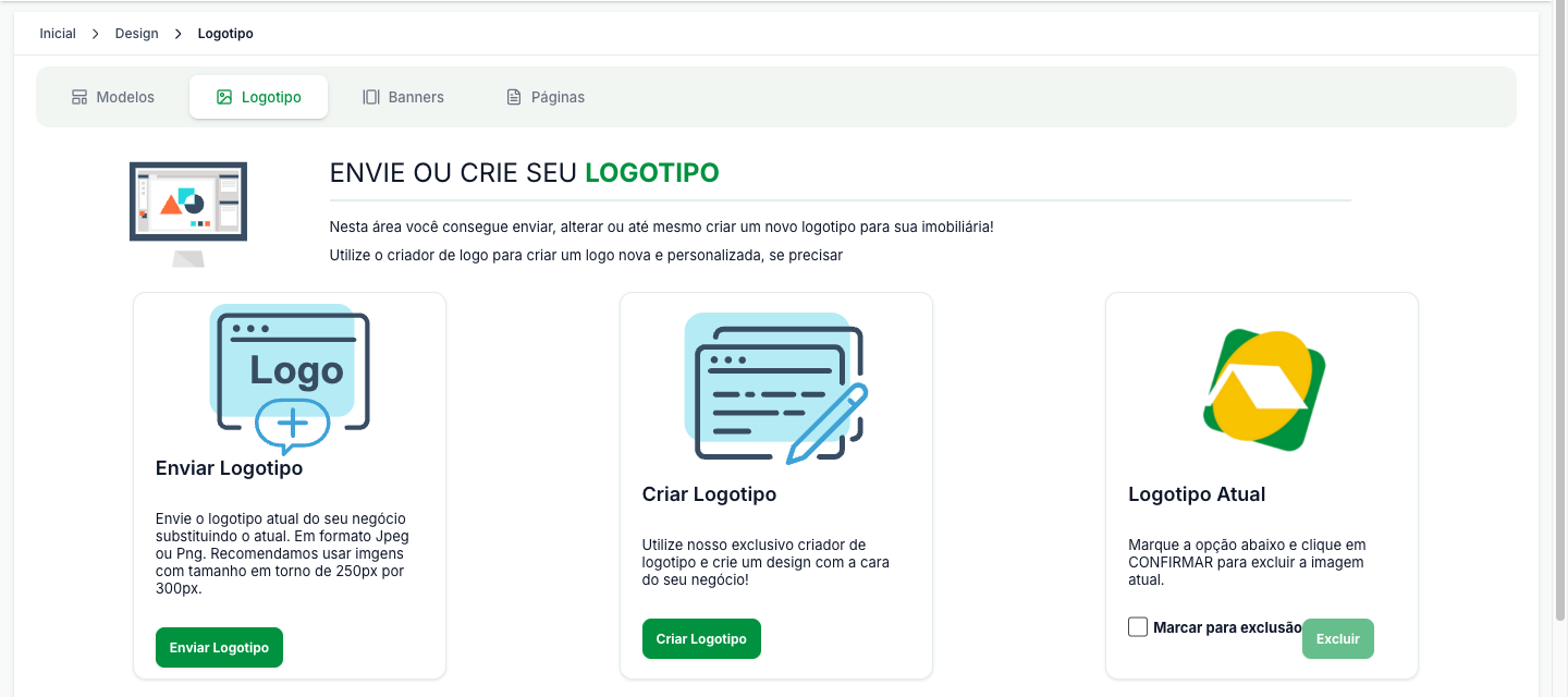 Tela Logotipo, com os cartões Enviar Logotipo, Criar Logotipo e Logotipo Atual, e a barra de abas do menu Design