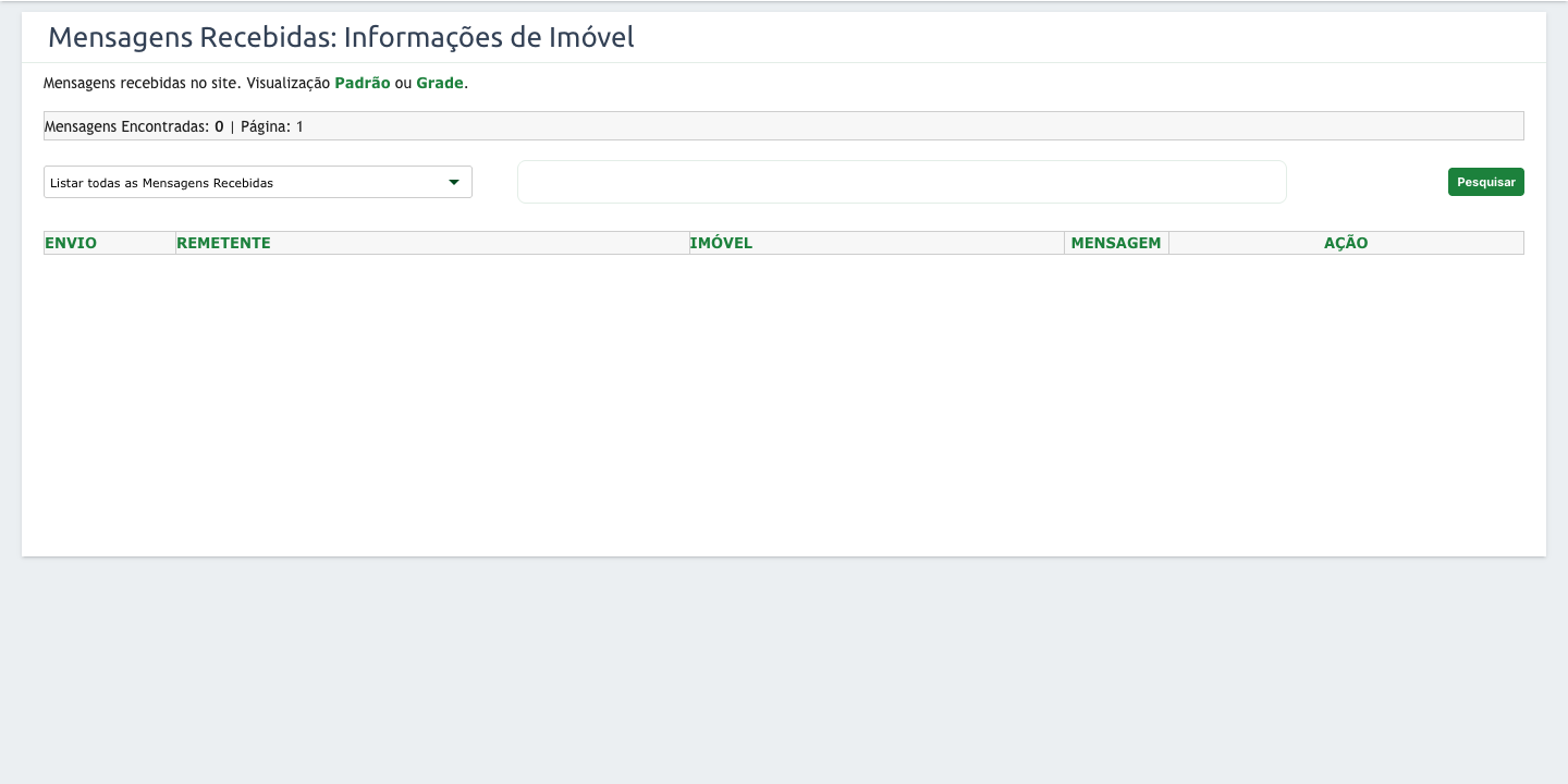 Tela Mensagens Recebidas, com o filtro por tipo, a busca e as colunas Envio, Remetente, Imóvel, Mensagem e Ação