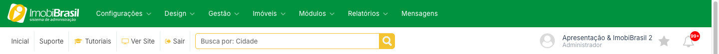 Cabeçalho do painel ImobiBrasil com os menus Configurações, Design, Gestão, Imóveis, Módulos, Relatórios e Mensagens, e a linha de atalhos Inicial, Suporte, Tutoriais, Ver Site e Sair