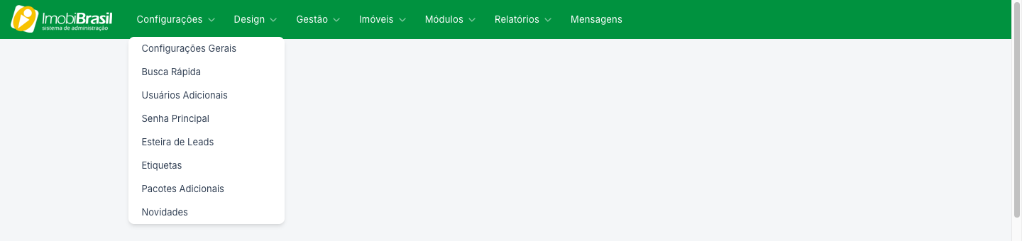 Menu Configurações aberto, com Configurações Gerais, Busca Rápida, Usuários Adicionais, Senha Principal, Esteira de Leads, Etiquetas, Pacotes Adicionais e Novidades
