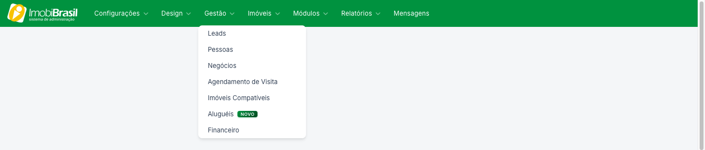 Menu Gestão aberto, com Leads, Pessoas, Negócios, Agendamento de Visita, Imóveis Compatíveis, Aluguéis e Financeiro