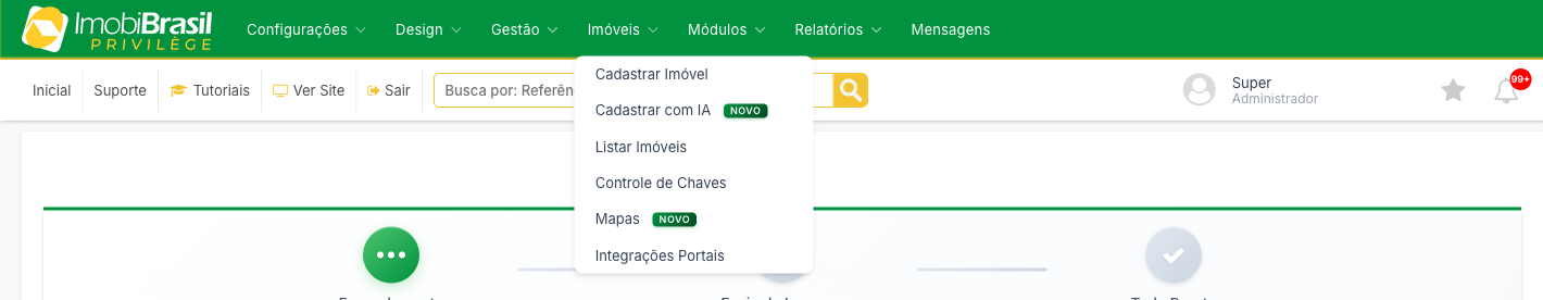 Menu Imóveis aberto no painel, com o item Cadastrar Imóvel