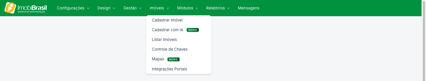 Menu Imóveis aberto, com Cadastrar Imóvel, Cadastrar com IA, Listar Imóveis, Controle de Chaves, Mapas e Integrações Portais