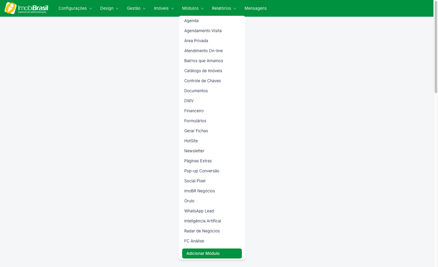 Menu Módulos aberto, com a lista de módulos disponíveis e o botão Adicionar Módulo no rodapé