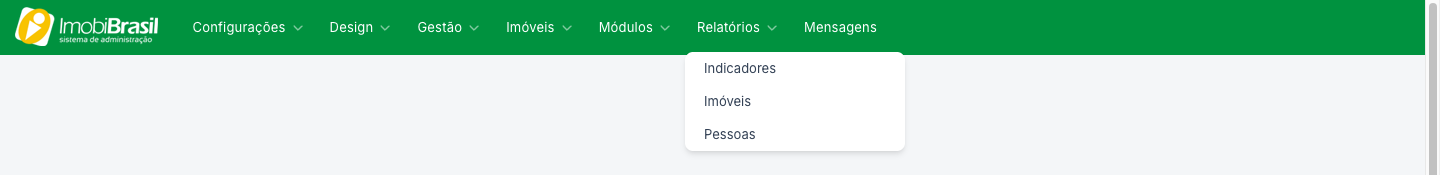 Menu Relatórios aberto, com Indicadores, Imóveis e Pessoas