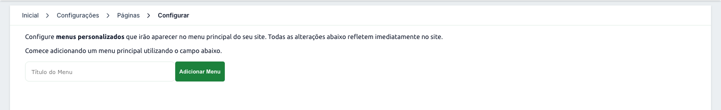 Tela de menus personalizados, com o campo Título do Menu e o botão Adicionar Menu