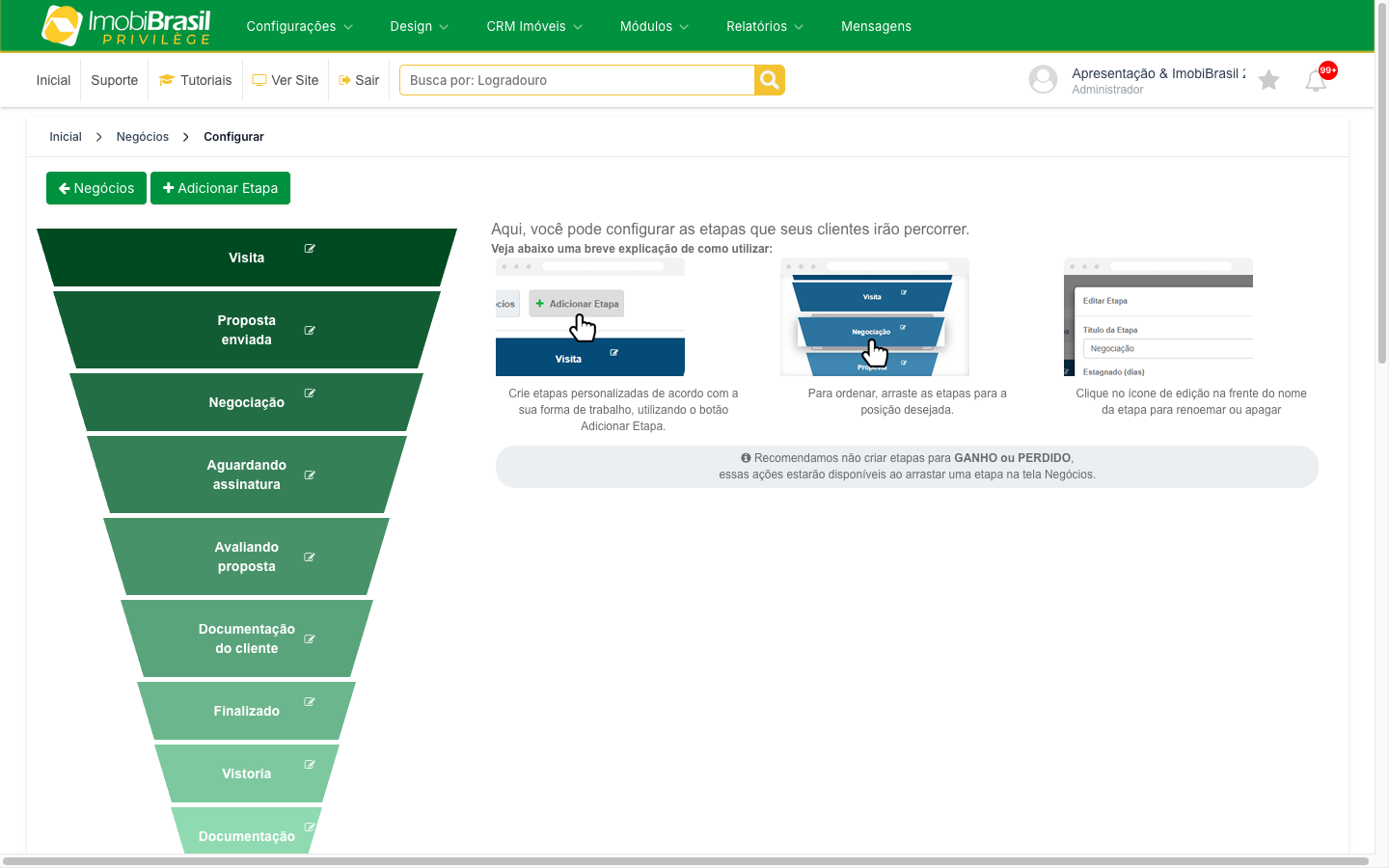 Tela de configuração do funil com as etapas em formato de funil e os textos de ajuda
