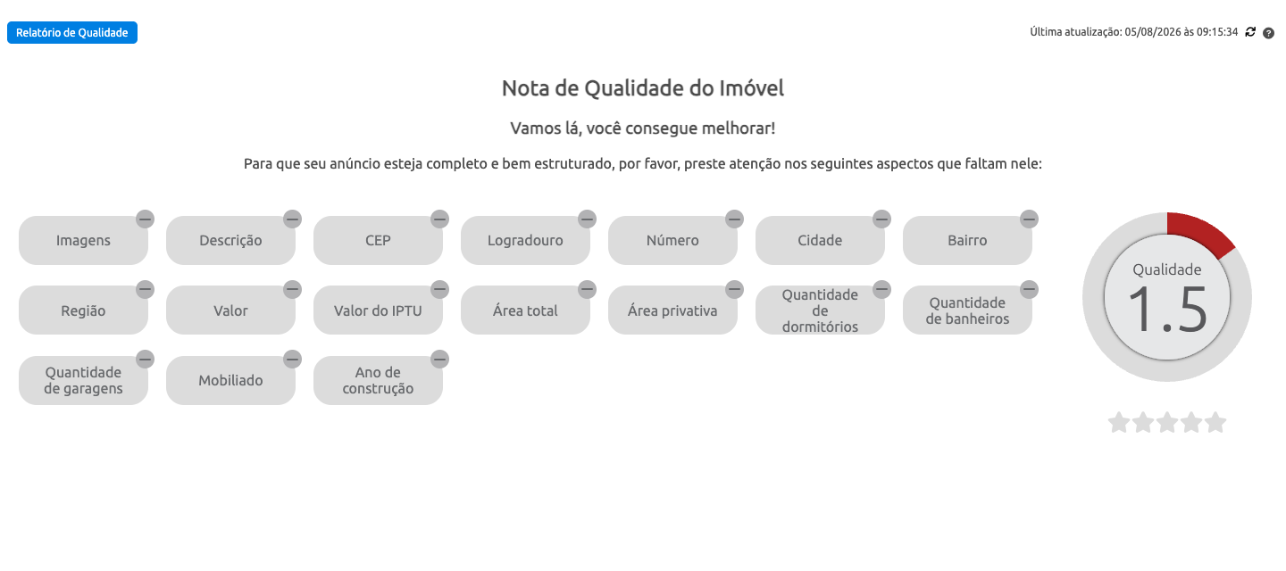 Nota de Qualidade de um imóvel, com os aspectos que faltam e o medidor da nota