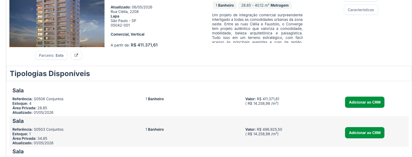 Empreendimento da Órulo na listagem, com o resumo das tipologias e o botão Adicionar ao CRM
