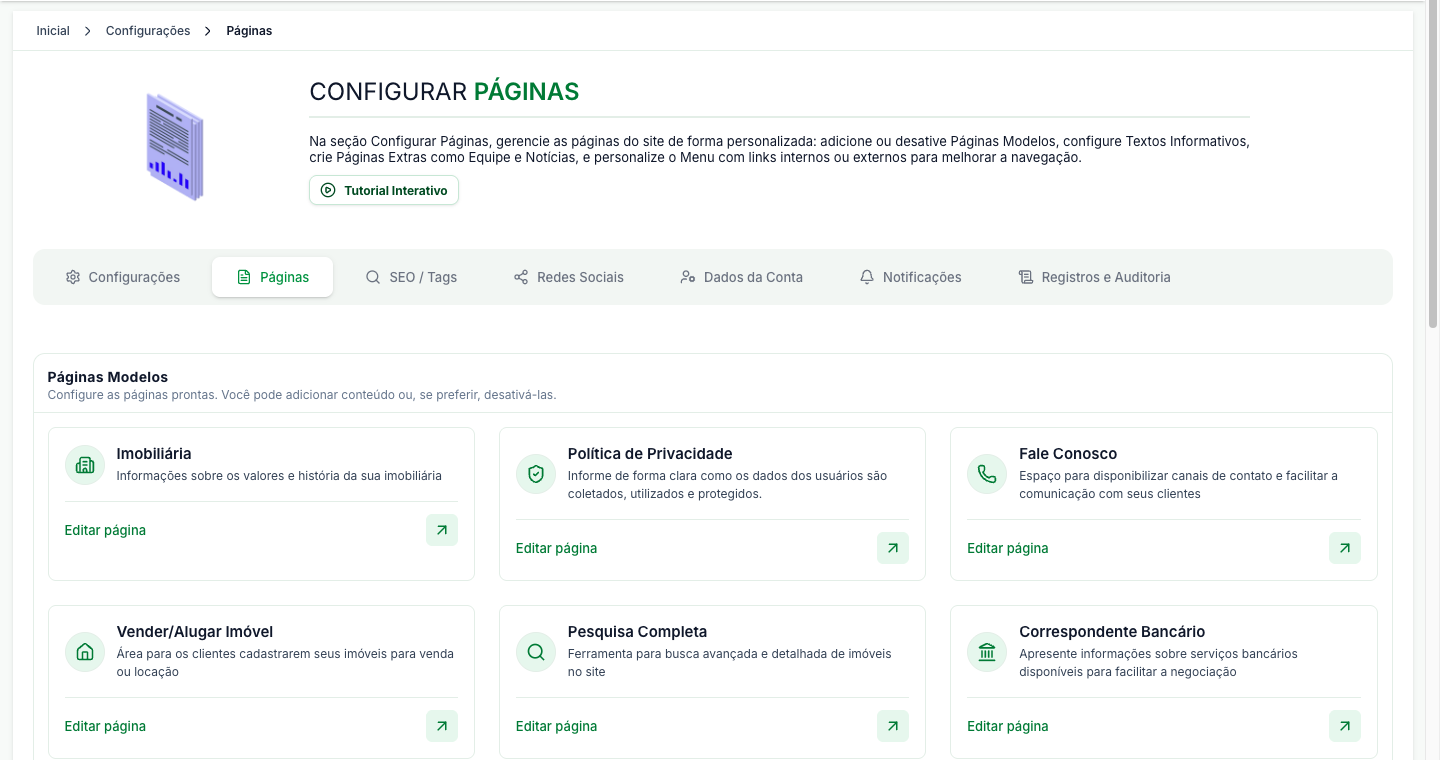 Tela Configurar Páginas, com os cartões das páginas modelos e o botão Editar página em cada um