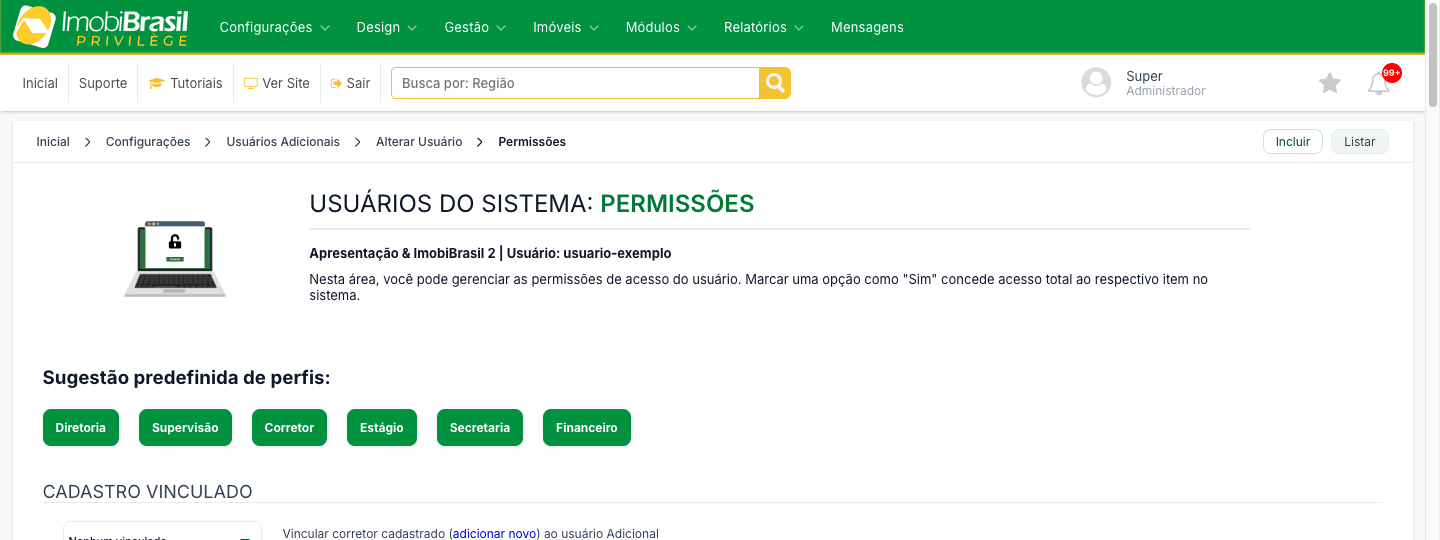Bloco Configuracoes da tela de permissoes, com os seletores de acesso a cada tela de configuracao