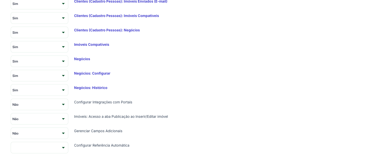 Permissões de imóveis compatíveis, negócios, integrações com portais, aba Publicação, campos adicionais e referência automática