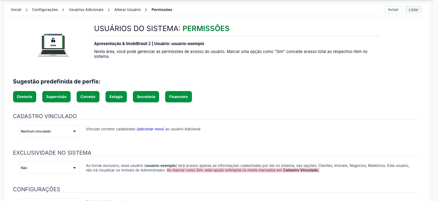 Tela de permissões do usuário adicional, com os seis perfis predefinidos e os blocos Cadastro Vinculado, Exclusividade no Sistema e Configurações