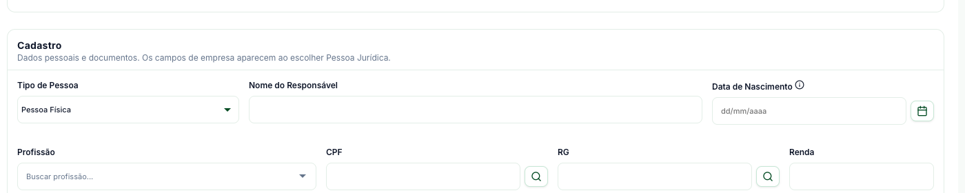 Cartão Cadastro do formulário de pessoa, com Tipo de Pessoa, Nome do Responsável e Data de Nascimento