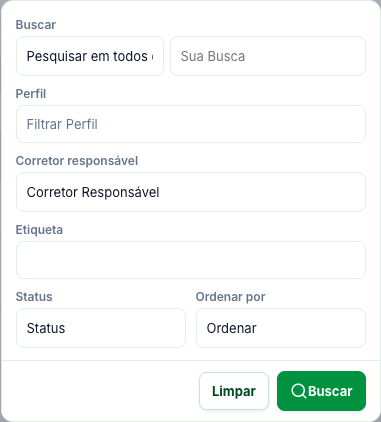Painel de filtros da tela Pessoas com os campos Buscar, Perfil, Corretor responsável, Etiqueta, Status e Ordenar por