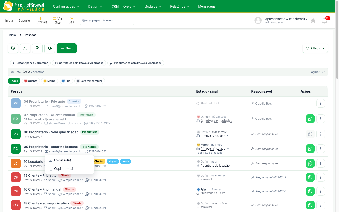 Menu aberto sobre o e-mail de um contato, com as opções Enviar e-mail e Copiar e-mail