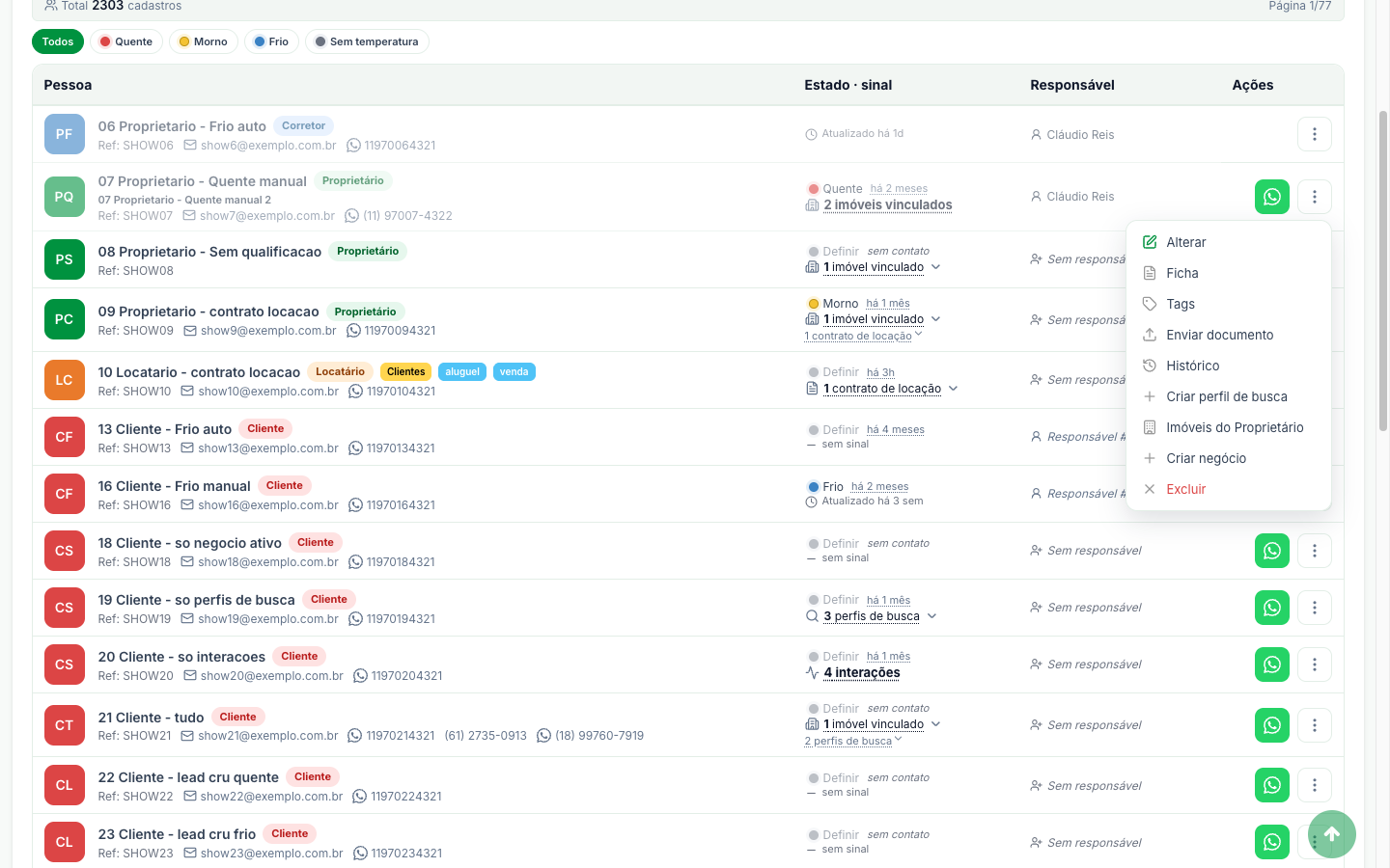 Menu de ações da linha aberto, com Alterar, Ficha, Tags, Enviar documento, Histórico, Criar perfil de busca, Imóveis do Proprietário, Criar negócio e Excluir
