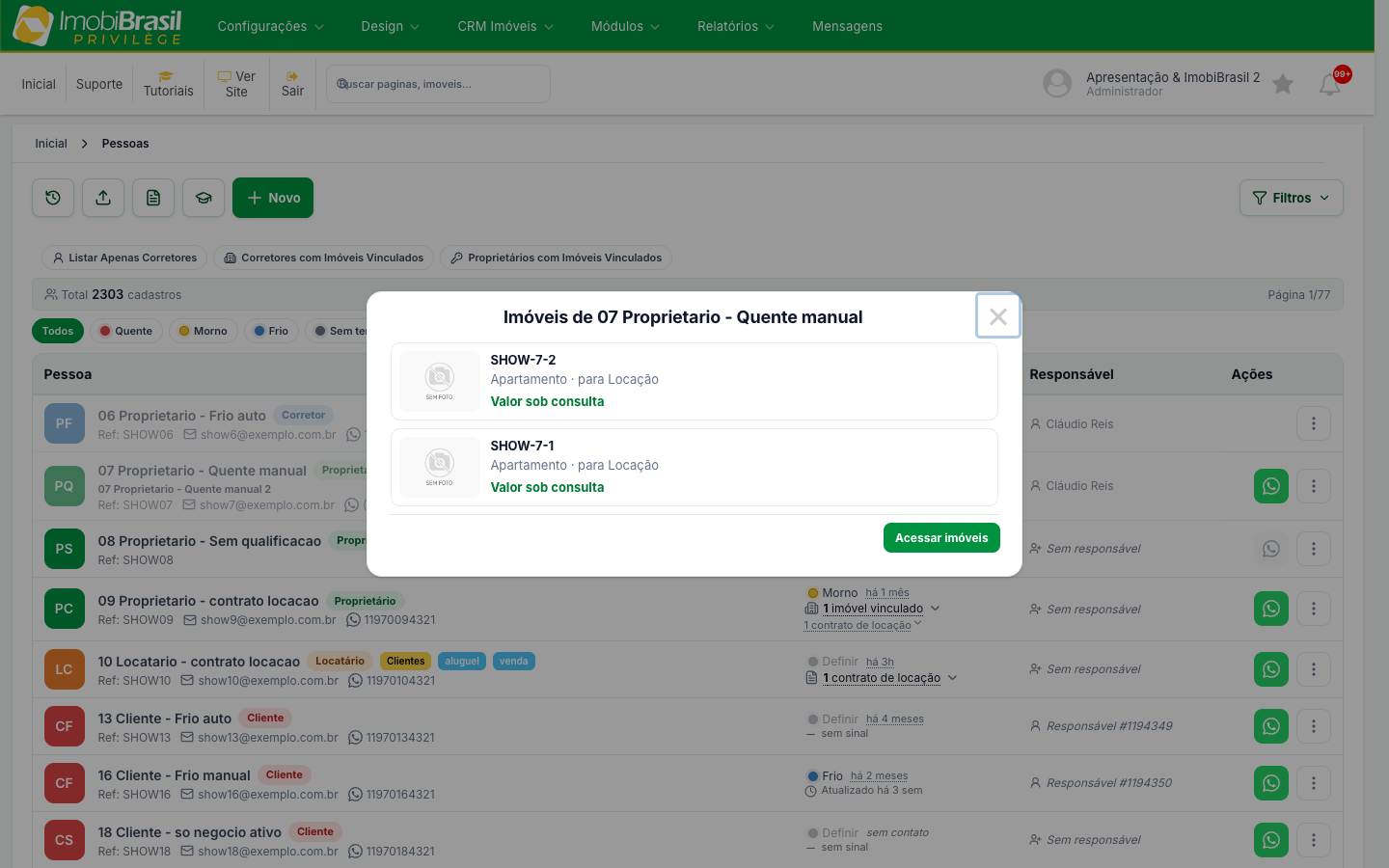 Janela com os imóveis vinculados a um proprietário, mostrando referência, tipo, finalidade e valor