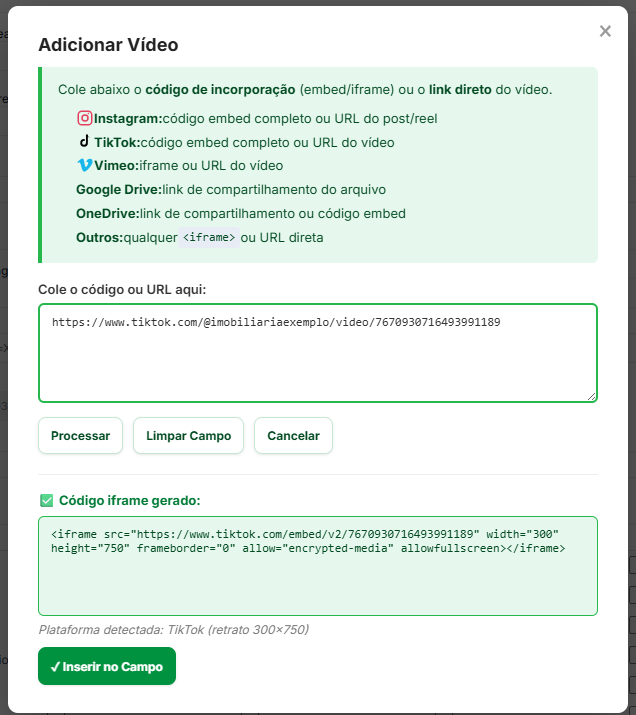 Janela Adicionar Vídeo depois de processar um link do TikTok, mostrando a plataforma detectada e o botão Inserir no Campo