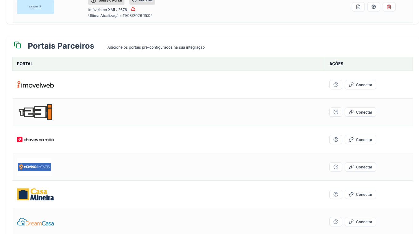 Lista Portais Parceiros, com o botão Conectar em cada portal pré-configurado