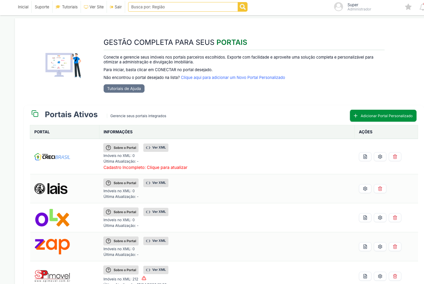 Tela Integrações Portais, com a tabela Portais Ativos e as colunas Portal, Informações e Ações