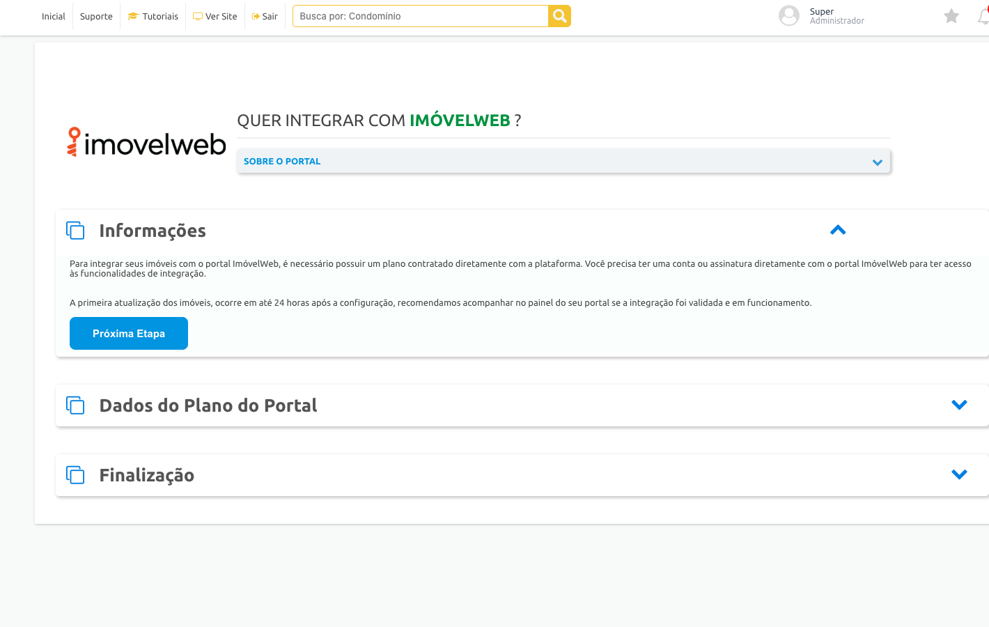 Tela de conexão de um portal, com as etapas Sobre o Portal, Informações, Dados do Plano do Portal e Finalização