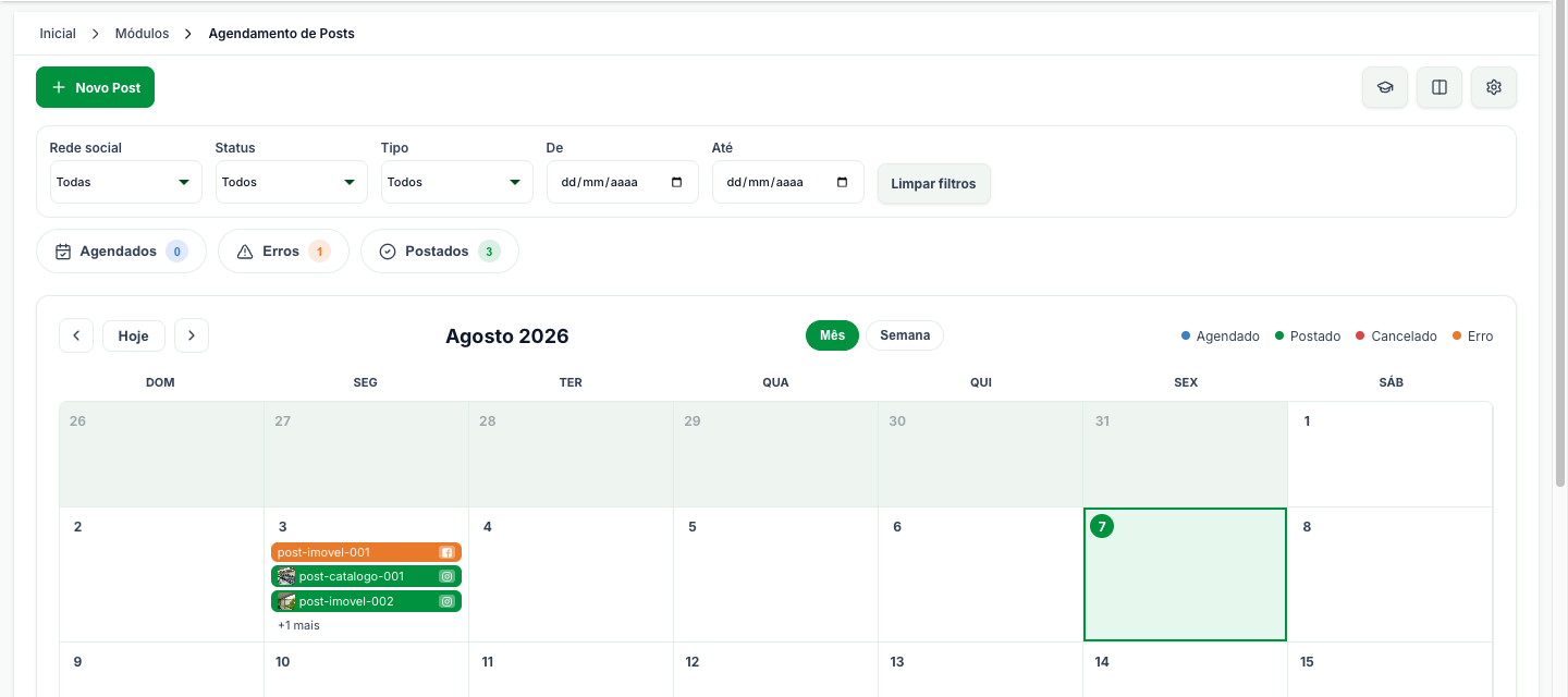 Tela Agendamento de Posts, com filtros, contadores por situação e o calendário do mês