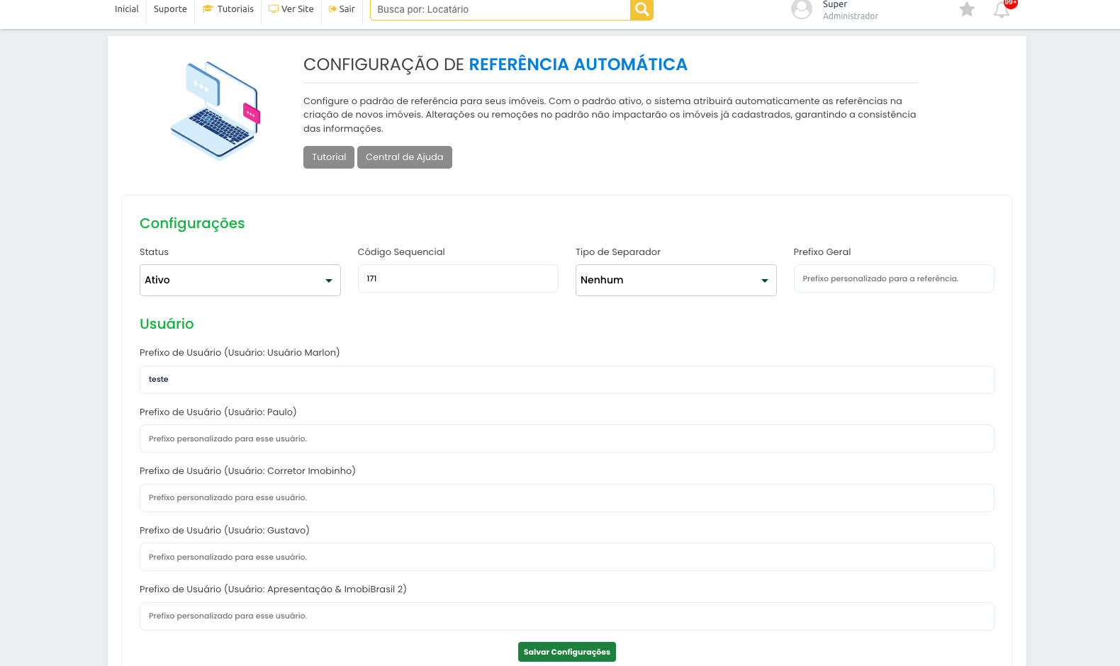 Tela Configuração de Referência Automática, com Status, Código Sequencial, Tipo de Separador, Prefixo Geral e os prefixos por usuário