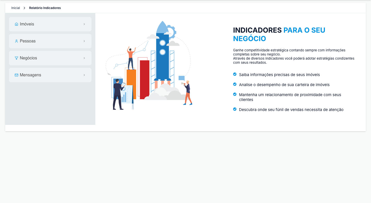 Tela de Indicadores, com as categorias Imóveis, Pessoas, Negócios e Mensagens na coluna da esquerda