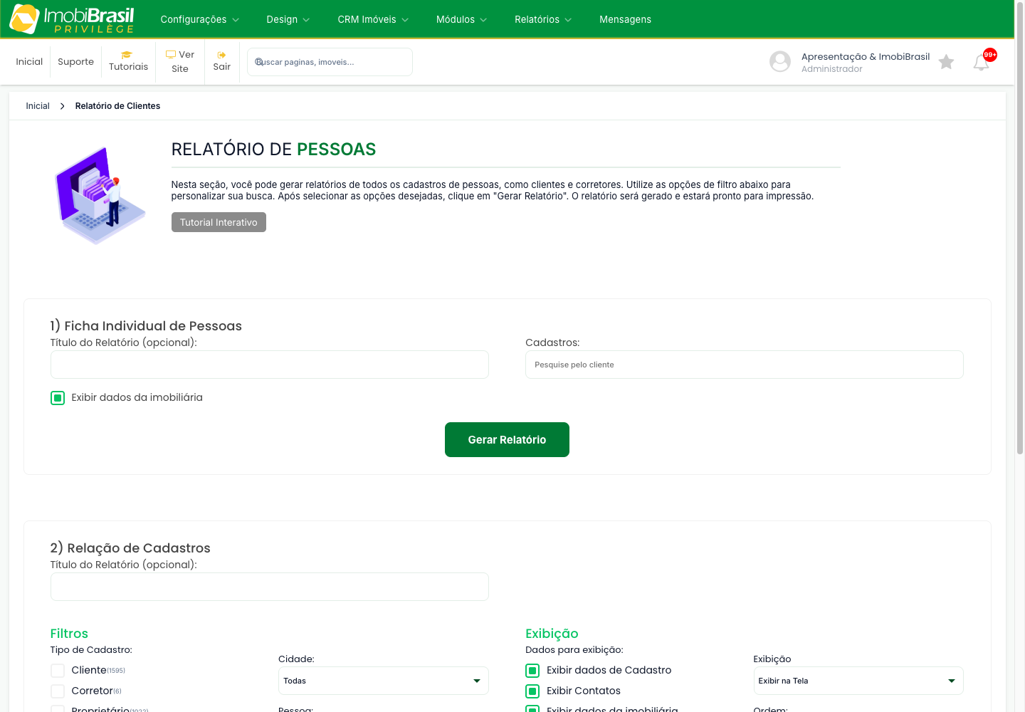 Tela Relatório de Pessoas com as seções Ficha Individual de Pessoas e Relação de Cadastros