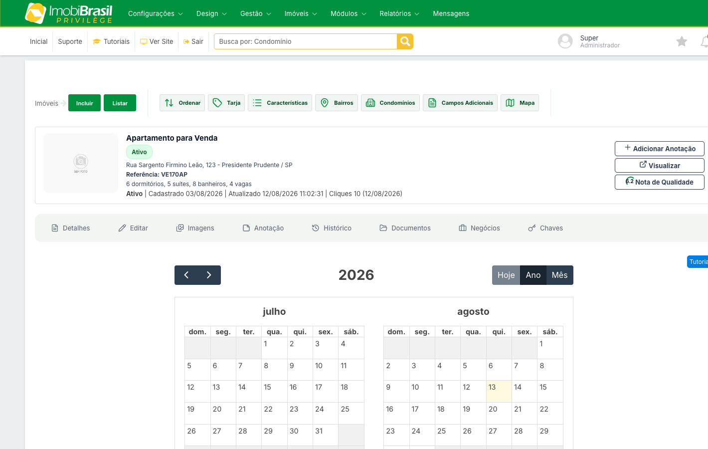 Tela de reservas de datas do imóvel, com o calendário do ano e os botões Hoje, Ano e Mês