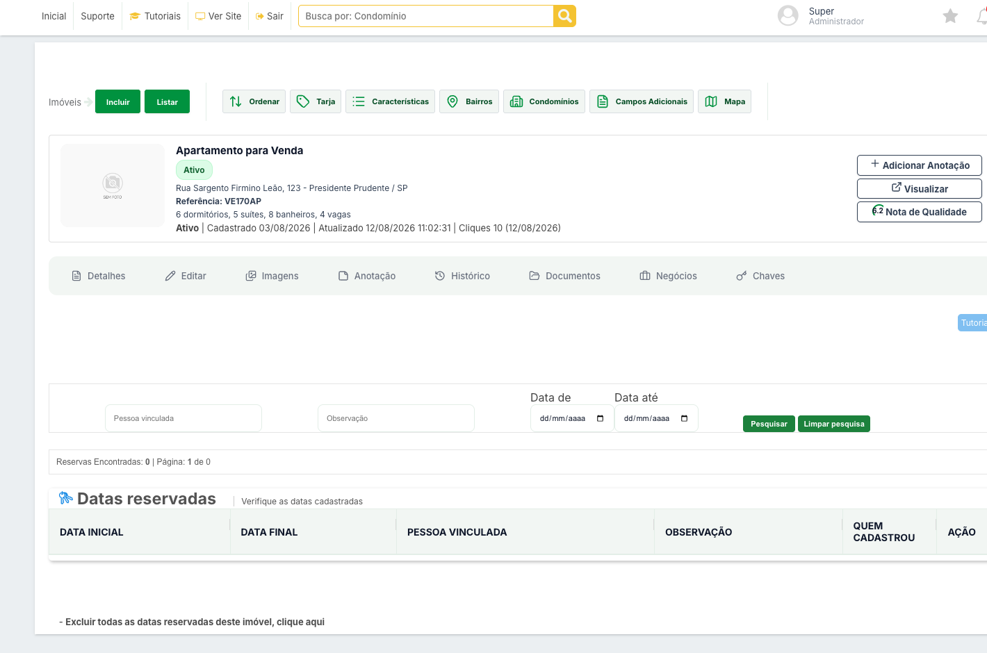 Lista de datas reservadas do imóvel, com os filtros por pessoa vinculada e período e as colunas da tabela