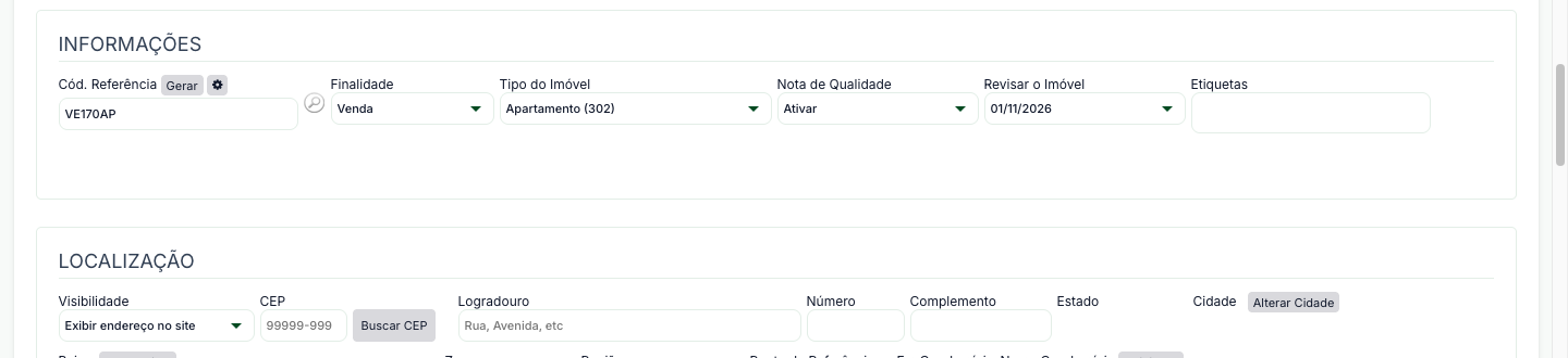 Seção Informações do cadastro do imóvel, com o campo Revisar o Imóvel