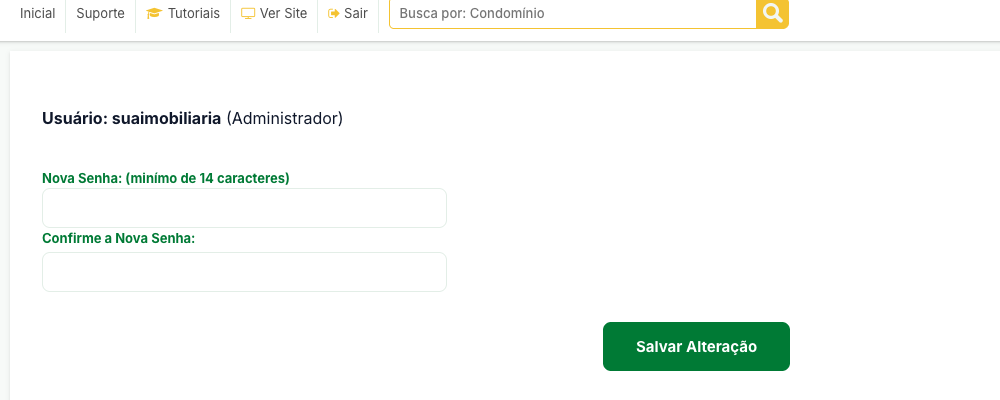 Tela Senha Principal, com os campos Nova Senha e Confirme a Nova Senha e o botão Salvar Alteração